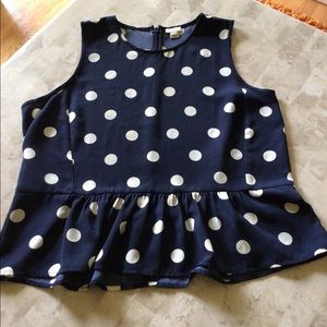j crew blue polka dot Ruffled Hem  sleeveless Zipper Back  Top